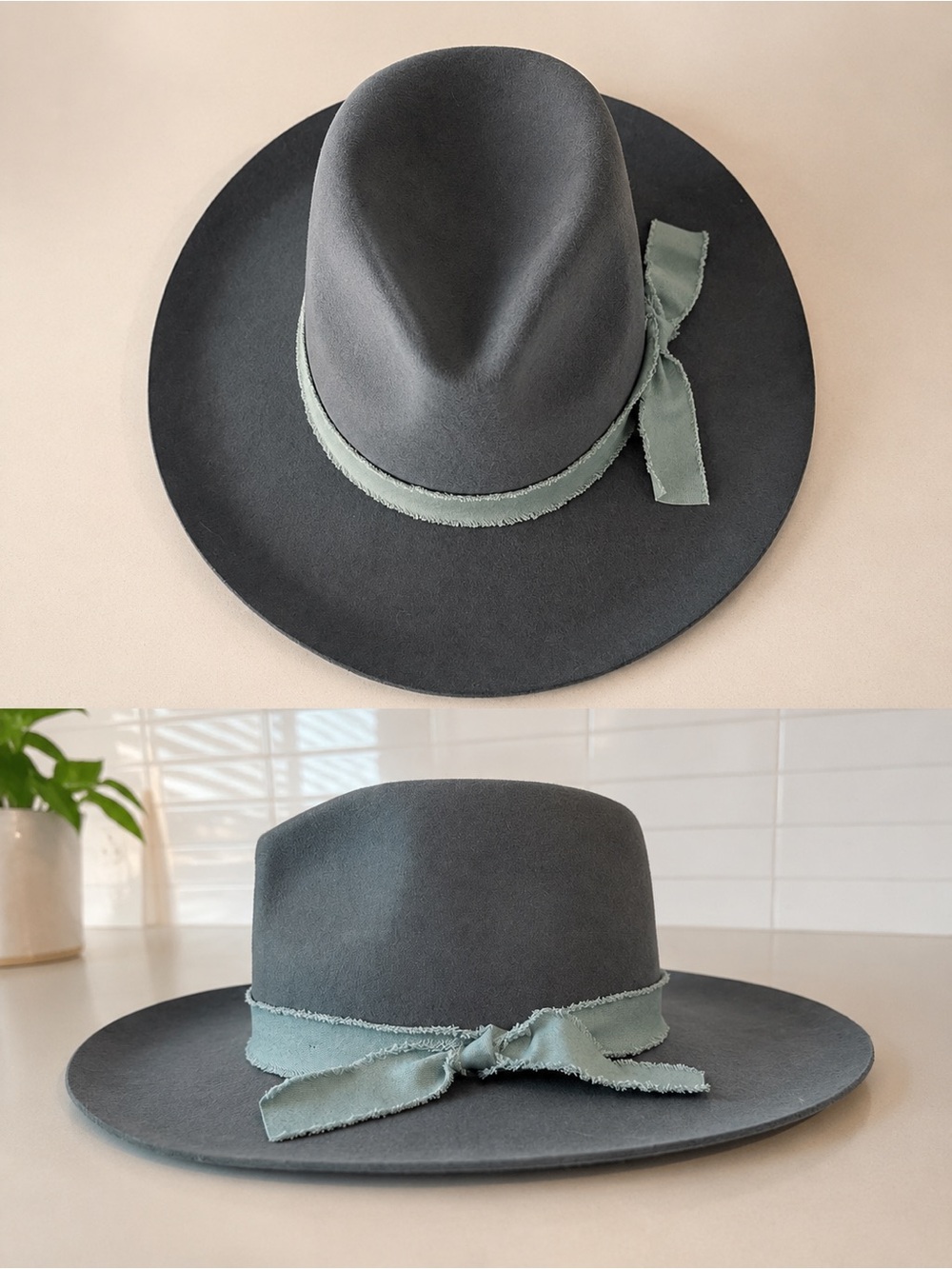 Womens Gray Wide Brim Fedora with Sage Ribbon